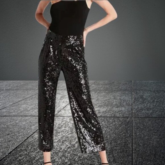 Express High Waisted Sequin Pleated Cropped Trouser S - Picture 4 of 4